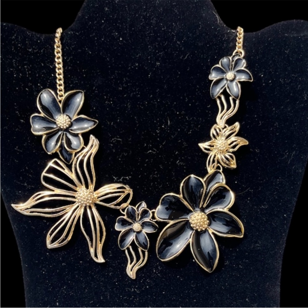 Bold Statement Flower Pendant Necklace Gold Tone with Black Enamel Flower Petals - Picture 2 of 10